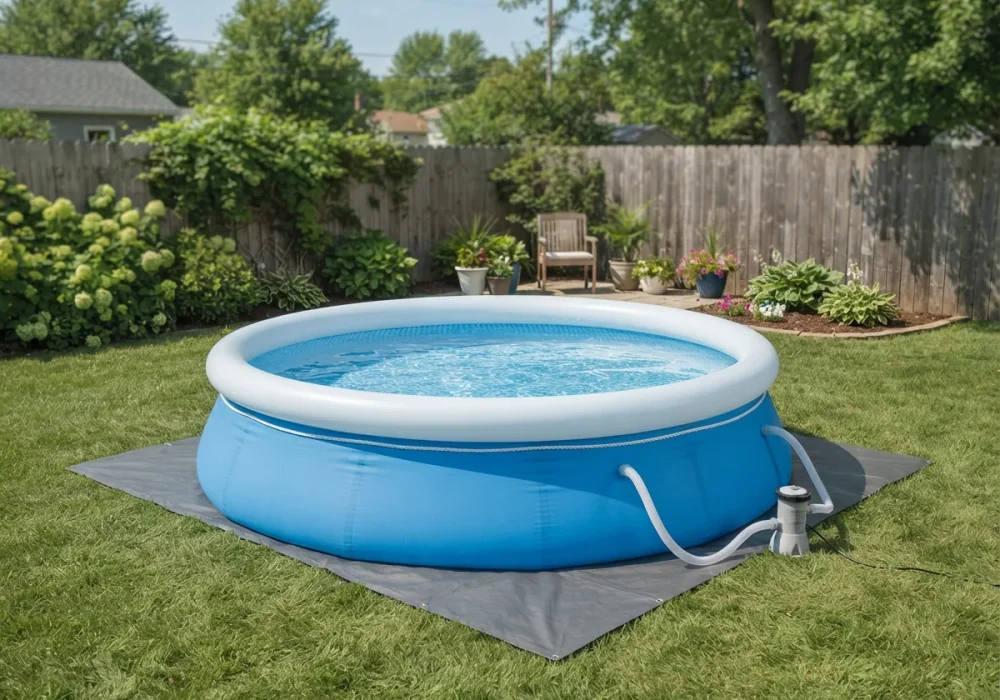 12 ft Quick Set frameless pool set up in a small backyard