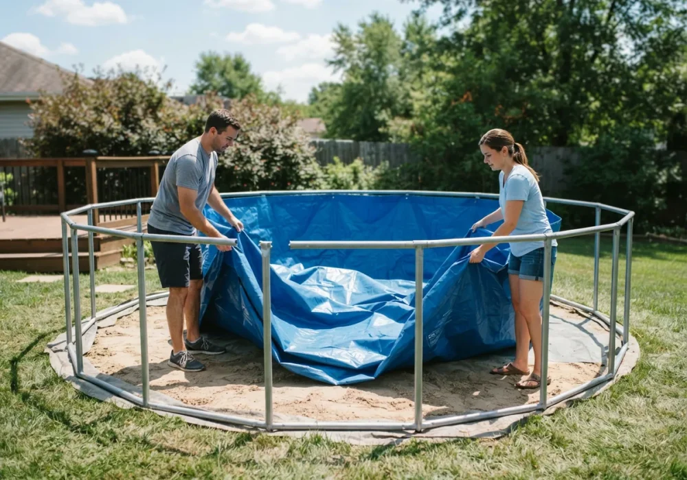 A Summer Waves 18-foot pool liner being carefully unfolded onto a pool floor during installation.
