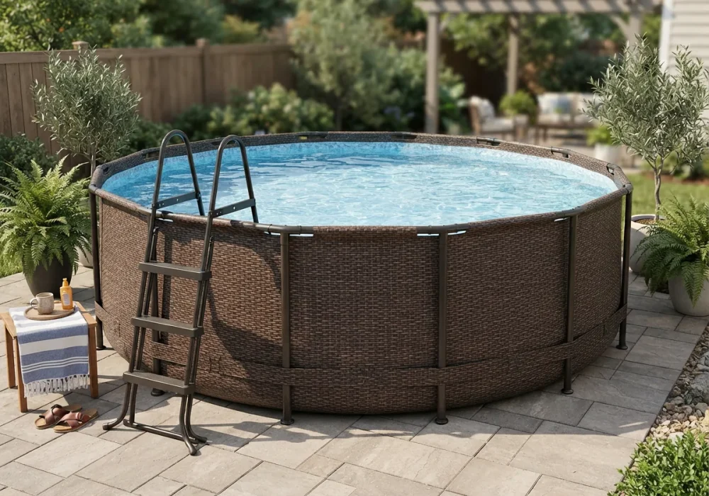 The Summer Waves 14-Ft. Dark Double Rattan Active Frame Pool as a featured centerpiece.