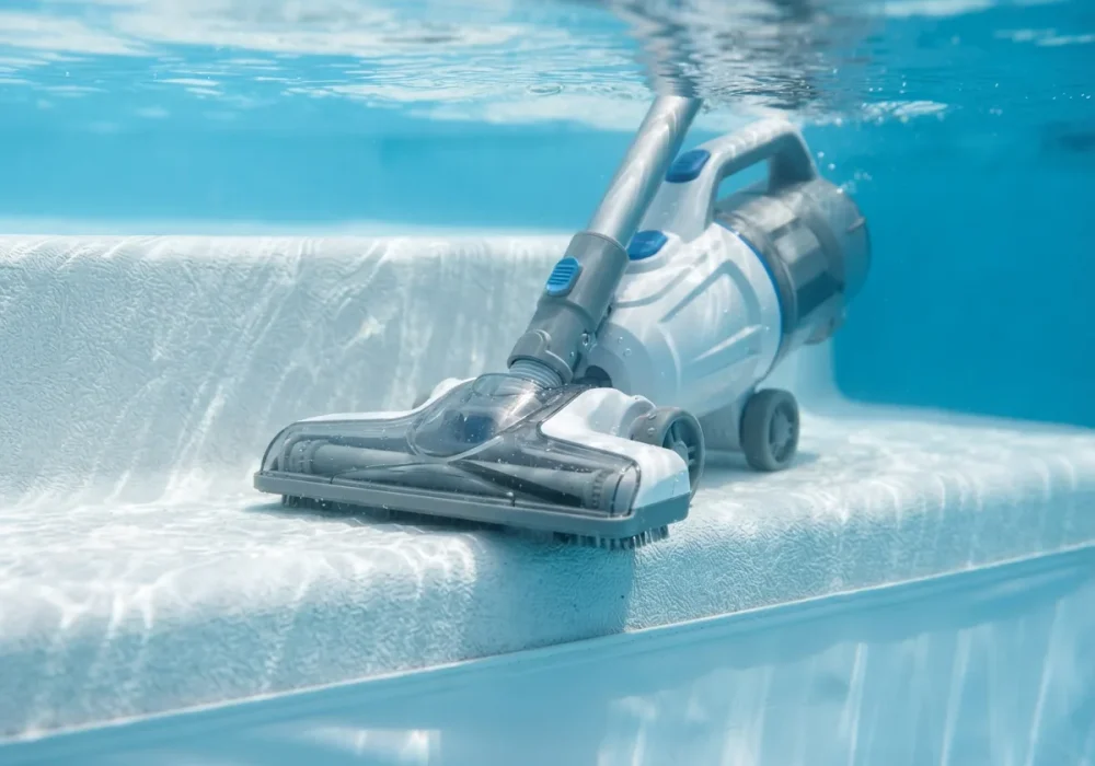 Close-up of the Summer Waves Rechargeable Pool Vacuum on a pool step.