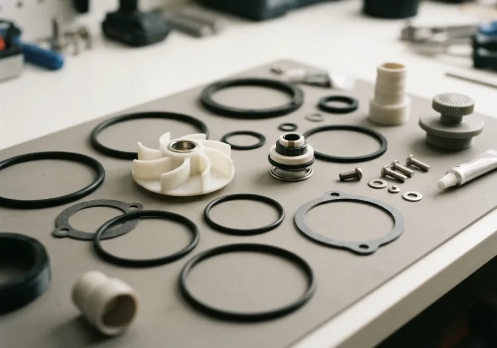 An assortment of Summer Waves Pump Parts laid out for inspection.
