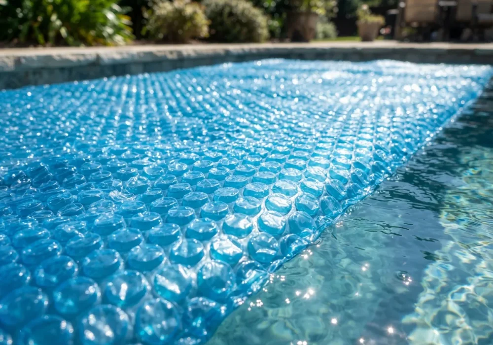 The Summer Waves Solar Pool Cover floating on warm pool water.